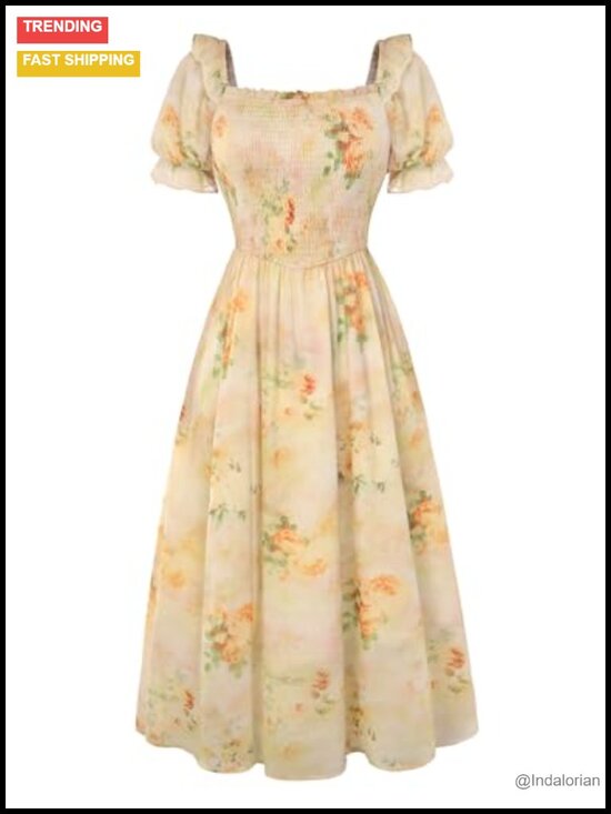 Dresses & Skirts - Women's Floral Chiffon Midi Dress Puff Sleeve Square Neck Cottagecore